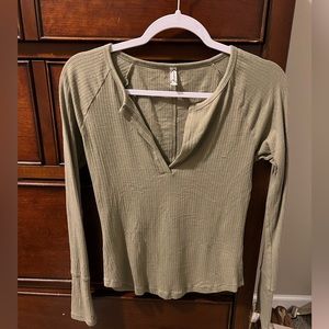 Free People Green Long Sleeve Fitted Shirt -Large
